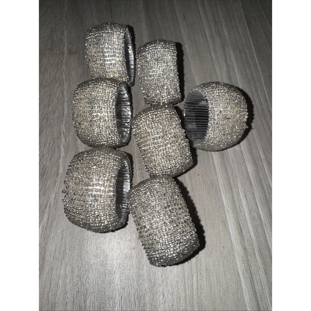 Silver Beaded Napkin Rings Lot Of 7 Holiday Decor